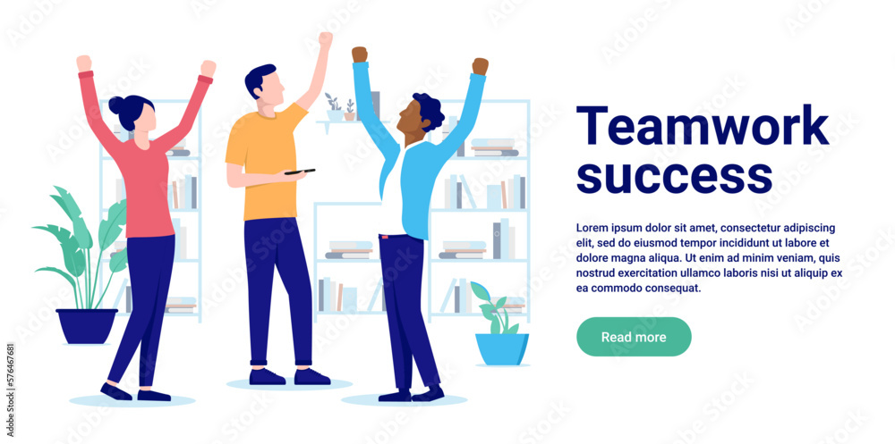 Poster teamwork success - team of happy office people with hands in air celebrating and cheering after winn