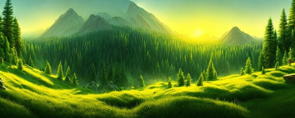 Spruce trees forest summer background against the backdrop of a mountain range in the morning golden hour with sun rays, panorama of wildlife forest in the Green Valley with blue sky - obrazy, fototapety, plakaty