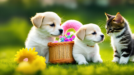 This adorable photo captures the playful interaction between cute kittens and puppies. The warm and fuzzy feeling this image evokes is sure to bring joy to any viewer