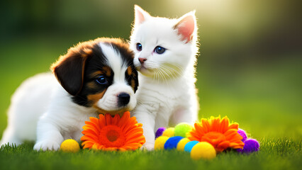 This adorable photo captures the playful interaction between cute kittens and puppies. The warm and fuzzy feeling this image evokes is sure to bring joy to any viewer - obrazy, fototapety, plakaty