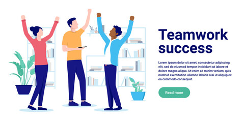 Teamwork success - Team of happy office people with hands in air celebrating and cheering after winning. Flat design vector illustration with copy space and white background