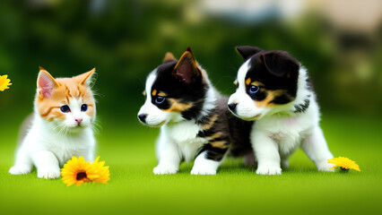 This adorable photo captures the playful interaction between cute kittens and puppies. The warm and fuzzy feeling this image evokes is sure to bring joy to any viewer