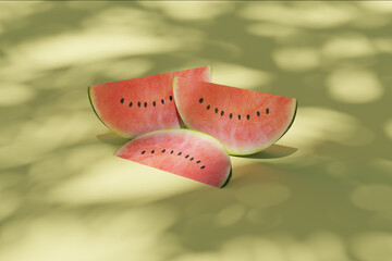 Slice of a watermelon in tropical background, 3d rendering. Delicious fruit illustration, summer and seasonal concept