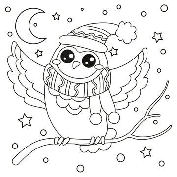 winter kids coloring book. cute owl in a hat and scarf.