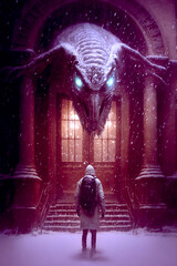 Alien Doorway, outside, winter, dark cityscape - Generative AI