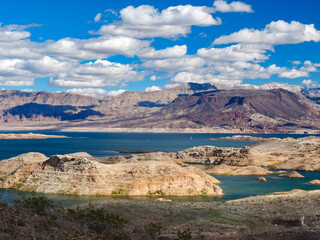 Fototapeta na wymiar Lake Mead with record low water level, shot in Feb 2023