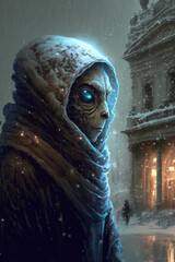 Alien standing outside during the winter, dark cityscape - Generative AI