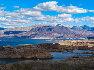 Obraz premium Lake Mead with record low water level, shot in Feb 2023