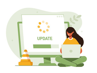 System or web application upgrade procedure. Concept of software version update or renewal process indication. Woman and laptop, PC. Flat colorful vector illustration for banner, poster. 
