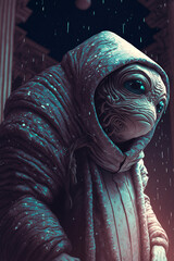 Alien living on earth, winter, snowing - Generative AI