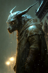 Alien living on earth, winter, snowing, wearing a coat, anthro bull - Generative AI