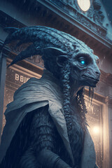 Alien living on earth, dark outside cityscape, anthro - Generative AI