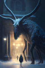 Alien living on earth, dark outside cityscape, anthro, anthro bull - Generative AI