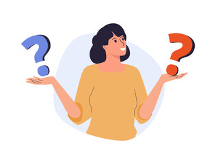 Woman make choice, decision illustration concept. Business woman doubting, deciding, setting priorities. Questioned