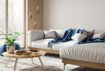 Modern interior design of scandinavian apartment, living room with white corner sofa over the brick wall. Home interior with window. 3d rendering