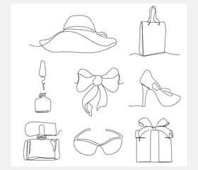 Modern icons fashion, femininity, shopping, leisure. Fashion elements in one line style. Items isolated on a white background. for print, social network, advertising, banner, card. Set of linear  art 