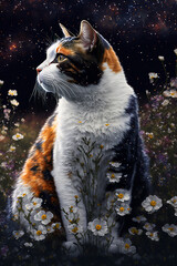 Calico Cat sitting in a field of flowers, night, galaxies - Generative AI