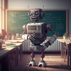 Fototapeta premium Robot teacher in a classroom with kids, teaching. AI in school. Generative AI