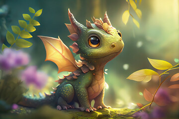 Cute baby dragon in forest