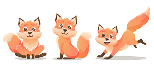 Illustration set of cute fox characters. Vector red fox is sitting, running in cute poses.