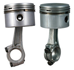 A piston with a connecting rod in two different positions on an isolated background.