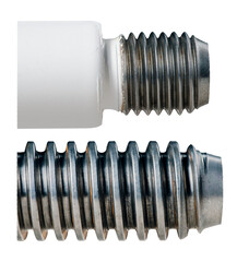 Two types of screws with different threads. Trapezoidal thread and metric thread. Isolated...