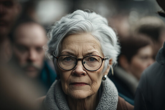 Old woman with grey hair in the crowd, gloomy sinister atmosphere, fictitious person. AI generated image