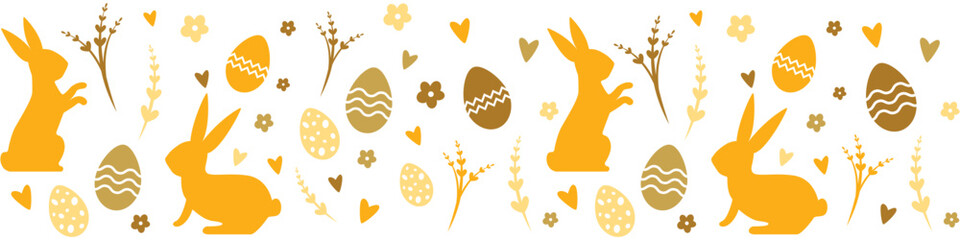 Easter pattern in pastel colors with bunnies and eggs on a white background. Modern minimalistic style. Design for your postcards or textiles. Vector horizontal pattern EPS 10