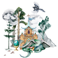 Dragons and castle watercolor illustration. Fairy tale print - 576469689