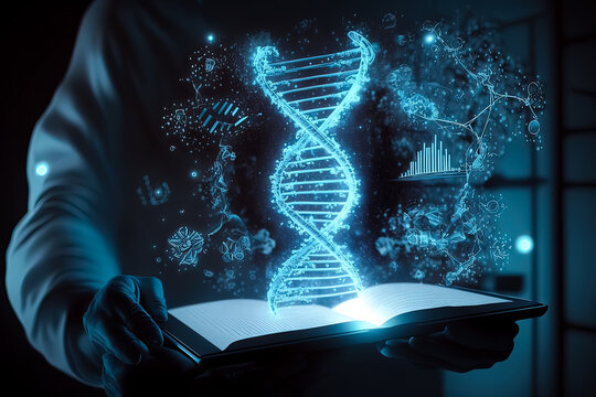 Abstract luminous DNA molecule. Doctor using tablet and check with analysis chromosome DNA genetic of human on virtual interface. Medicine. Medical science. Generative AI