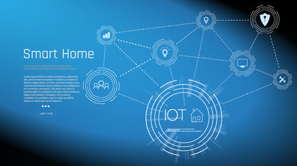 Banner of Smart Home technology. The building consists of numbers and is connected by icons of household smart devices. Intelligent home management system. 