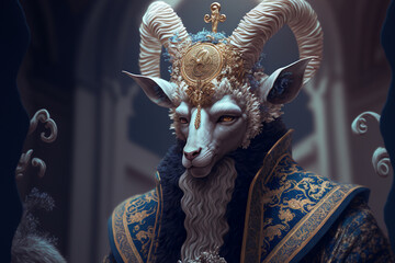 Fantasy Goat, Portrait, Inside of a Castle, anthro, Decorative- Generative AI