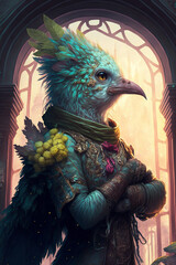 Fantasy Bird, Portrait, Inside of a Castle, anthro, Decorative- Generative AI