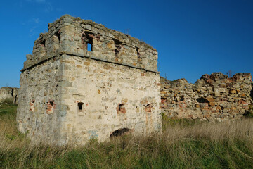 Stone tower in Pniv Castle - medieval historical object in western Ukraine