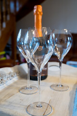 Tasting of cold brut Champagne sparkling wine in cellars of gran cru wine house in near Reims, wine tour in Champagne, France