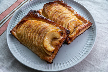 Tasty sweet French dessert, baked apple cake, Normandy region, France, close up