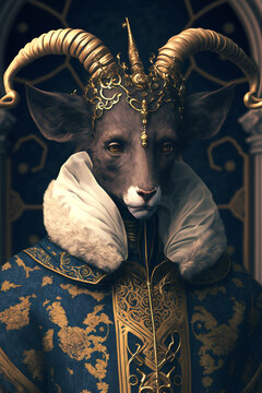 Royal Goat, Portrait, Inside of a Castle, anthro, Decorative- Generative AI
