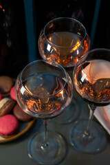 Tasting of rose brut Champagne sparkling wine in cellars of gran cru wine house in Epernay, wine tour in Champagne, France