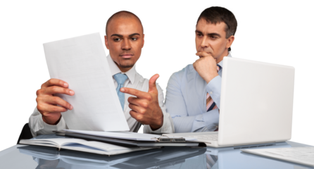 Business men using laptop while making report in office