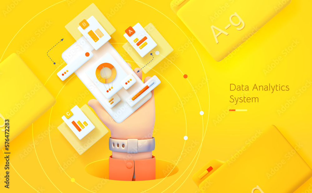 Poster data analysis system. the hand is holding the phone. mobile application for data analysis and accoun