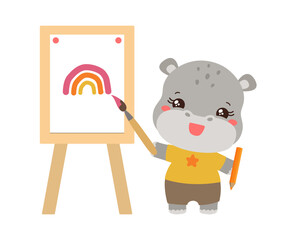 Kawaii hippopotamus. Hippo artist drawing with paint brush and easel. Art studies school subject sign. Funny student cute cartoon hippo. Kawaii animal holding brush standing by the easel and smiling.
