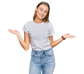 Beautiful young blonde woman wearing casual white t shirt smiling showing both hands open palms, presenting and advertising comparison and balance