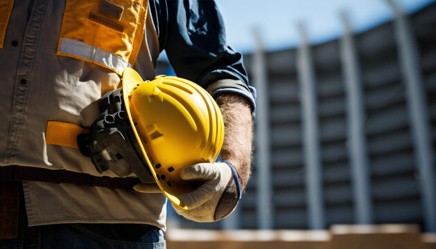 Construction worker holding his helmet and wearing fluorescent waistcoat while looking at construction site. Occupational Safety and Health (OSH) 