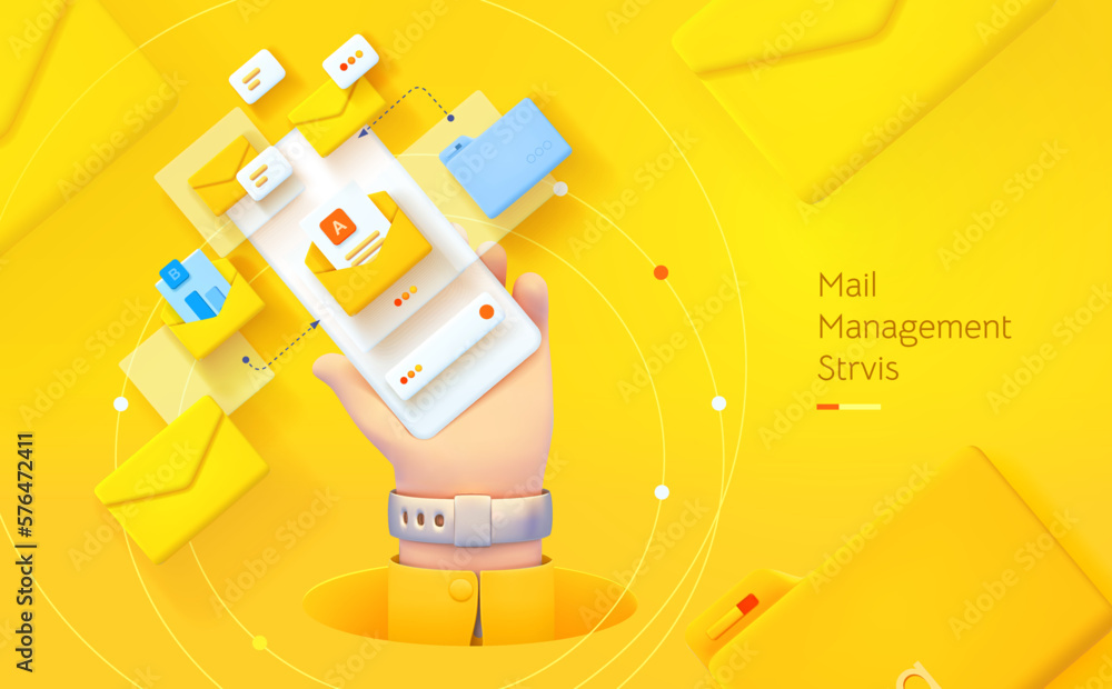 Poster email management. the hand is holding the phone. mobile application for data analysis and accounting