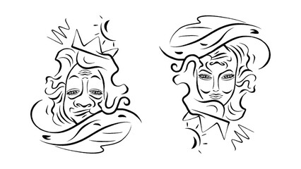 This minimalist vector illustration on a white background has a unique property - it depicts a cartoon kings head when viewed one way, and a stylish woman s face with a feathered hat when flipped