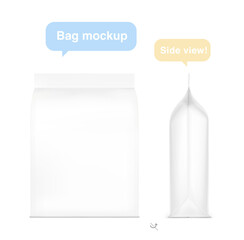 Stand-up pouch bag with flat bottom side gusseted and zipper.  Realistic mockup vector illustration isolated on white background. Front and side view. Perfect for the presentation your product. EPS10