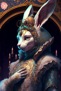 Fantasy Rabbit, Portrait, Inside of a Castle, Decorative- Generative AI