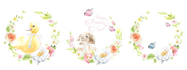 Watercolor Happy Easter floral wreath illustration, spring animal round frame with cute bunny for baby shower invitation, easter egg hunt invite, spring wedding, greeting card, nursery printable frame