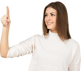 Friendly Young Woman Pressing with Finger - Isolated