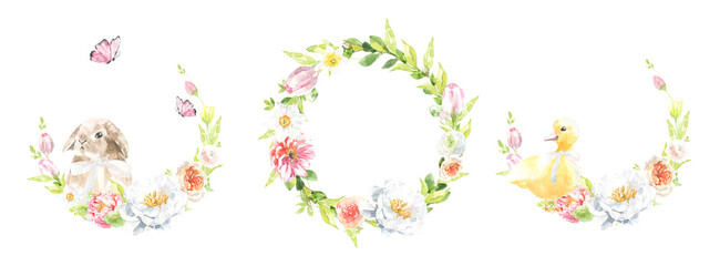 Watercolor Happy Easter floral wreath illustration, spring animal round frame with cute bunny for baby shower invitation, easter egg hunt invite, spring wedding, greeting card, nursery printable frame